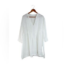 CP Shades Regina Pleated 100% Linen Collarless V Neck Tunic White Size Medium